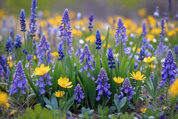 Fototapeta premium Vibrant Spring Landscape Featuring Wildflowers and Violets Showcasing Nature's Beauty and Growth