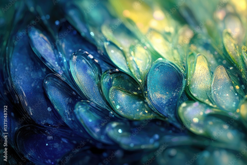 Poster an abstract close-up showcasing a colorful and textured surface with blue, green and gold hues and g