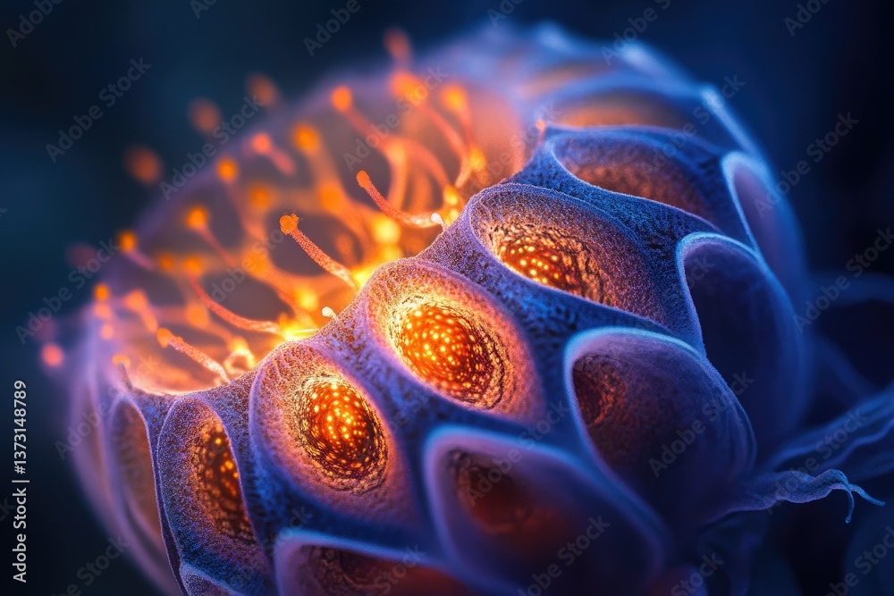 Leinwandbilder Abstract close-up image of a cellular structure with glowing orange centers and blue, textured outer layers. It looks like it could be a bacteria.