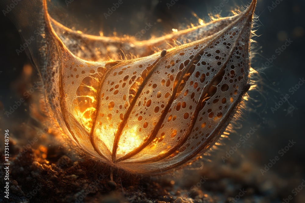 Poster Delicate, dried seed pod with golden light glowing through its porous shell, resting on dark soil and creating an ethereal glow.