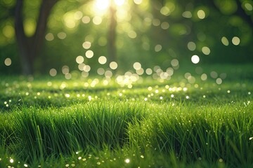 Obraz premium Luminous Bokeh on Enchanted Grass Carpet Under Soft Sunlight in Lush Nature Background