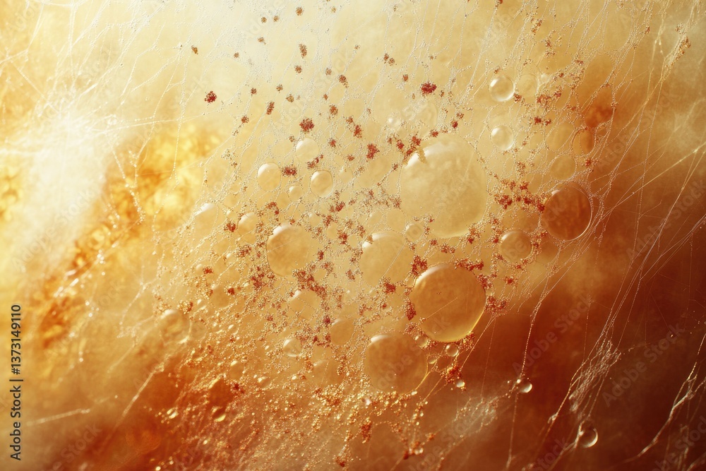 Aufkleber Abstract image of golden liquid with bubbles, strands and small brown particles, creating a textural effect.