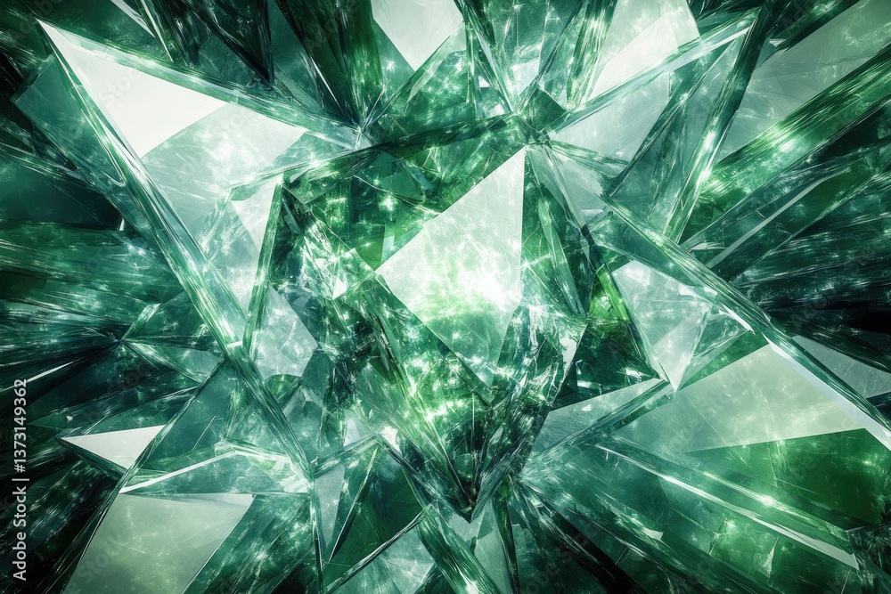 Poster a vibrant, textured abstract of geometric shapes with a green color palette, suggesting fractured li