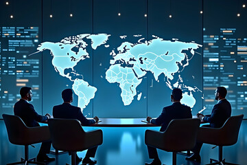 Strategic global meeting, Executives collaborating with world map backdrop in modern hi tech office environment for international business expansion