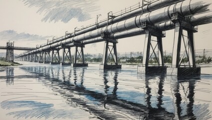 Fototapeta premium Pipes crossing water ink drawing. Long gray pipes supported above water. Reflections visible on water surface in blue and black.