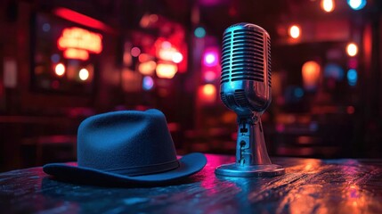 Retro microphone and hat on a bar table in a dimly lit nightclub