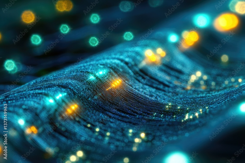 Poster Abstract macro shot of flowing blue lines with yellow and green bokeh lights in the background.