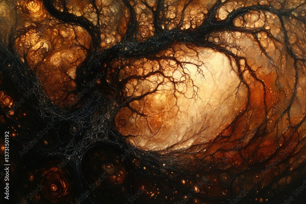 Poster mystical, twisting tree branches against a glowing, ethereal backdrop create an otherworldly and sur