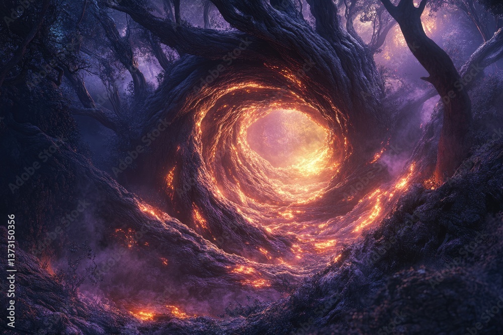 Poster a mesmerizing portal glowing with golden light, framed by dark, gnarled trees in an ethereal and mys
