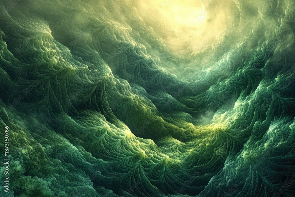 Poster an abstract green and yellow landscape, resembling swirling clouds or deep ocean currents with light