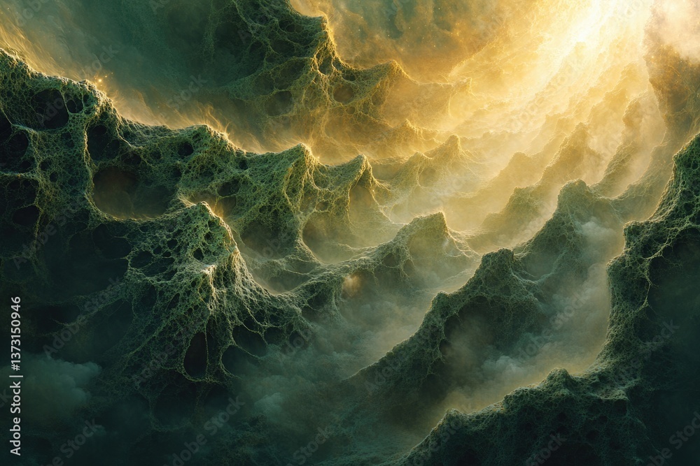 Aufkleber Ethereal mountain range shrouded in fog, illuminated by a golden light source from above creating a mystical, dreamlike landscape.