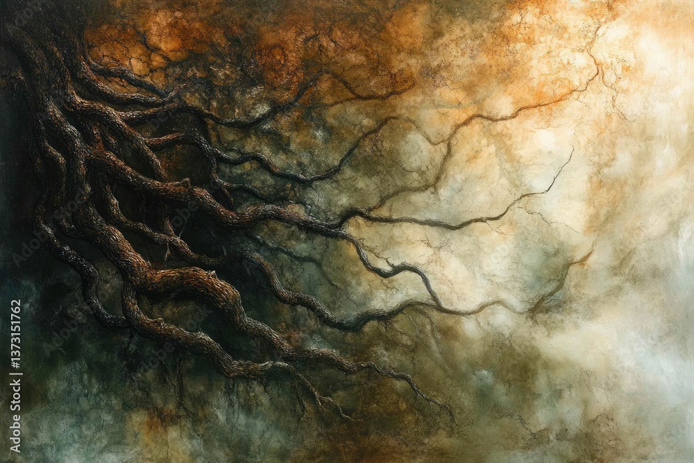 Poster a dark, textured artwork showing twisting tree branches against a light, ethereal background. myster