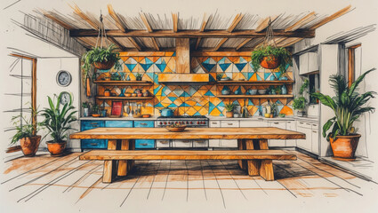 Kitchen interior sketch with blue cabinets and orange triangle tile. Wooden table with benches in front, plants on shelves and hanging. Ink and watercolor style illustration.