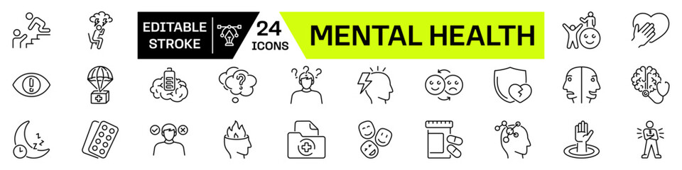 Mental health icon set. Linear style. Editable Stroke.