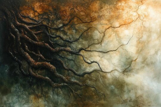 A dark, textured artwork showing twisting tree branches against a light, ethereal background. Mysterious and evocative.
