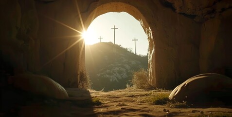 A cinematic view of the empty tomb with an open stone door, light shining through and three crosses