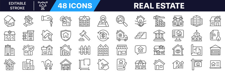 Real estate icon set. Building symbol. Linear style. Editable Stroke.