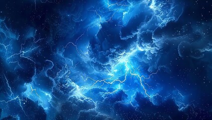 Fototapeta premium A dark blue sky with dramatic lightning, creating an epic and mysterious atmosphere. A powerful