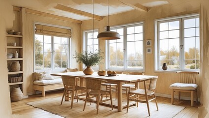 Fototapeta premium Dining room interior with table chairs rug window. Beige walls and floors inside house with plants in vase and natural light coming through glass.
