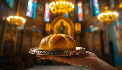 Celebration of orthodox easter with traditional bread blessing in church. concept of religious ritual, faith, worship, sacred tradition