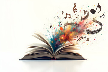Vibrant musical world emerging from an open book, where imagination and melody converge, showcasing the harmonious connection between literature and music