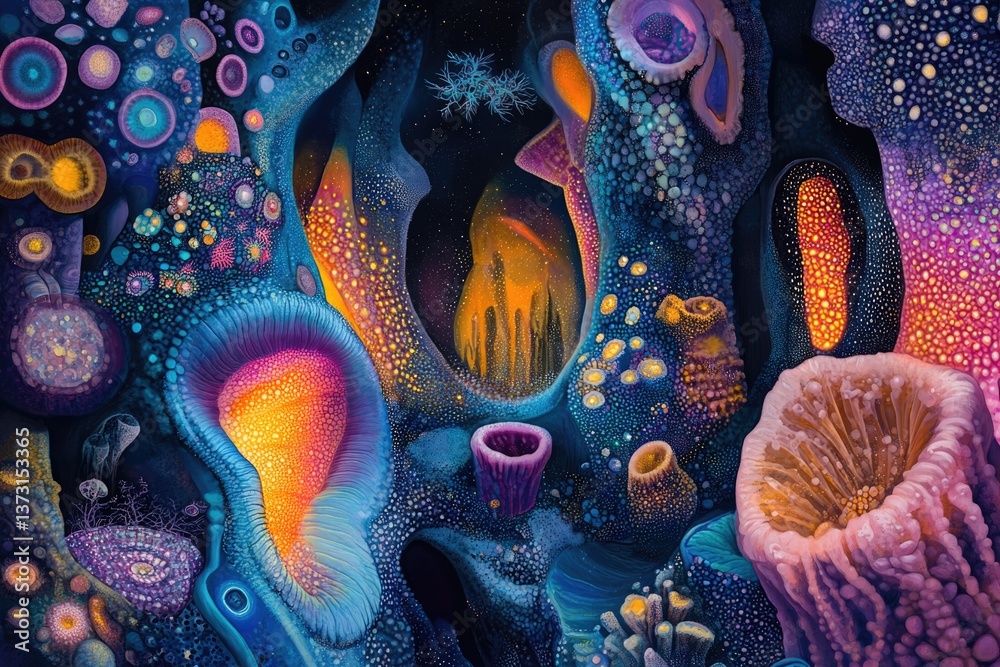 Poster abstract underwater scene with vibrant colors showcasing fantastical coral formations and glowing or