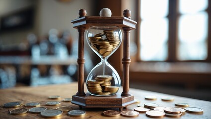 Hourglass on wooden table. Coins fill top bulb then flow to lower bulb. Scattered coins around base show money changes over time. Brown wood frame holds glass.