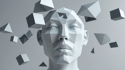 Fototapeta premium Gray low poly head with eyes closed surrounded by floating geometric shapes like cubes pyramids and triangles on gray background