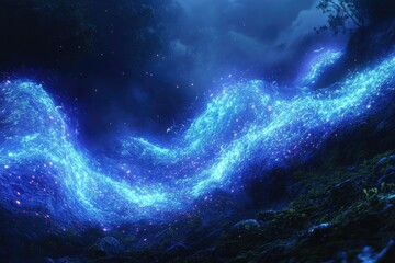 Fototapeta premium A mystical blue river of light flows through a dark, magical forest under a cloudy sky.