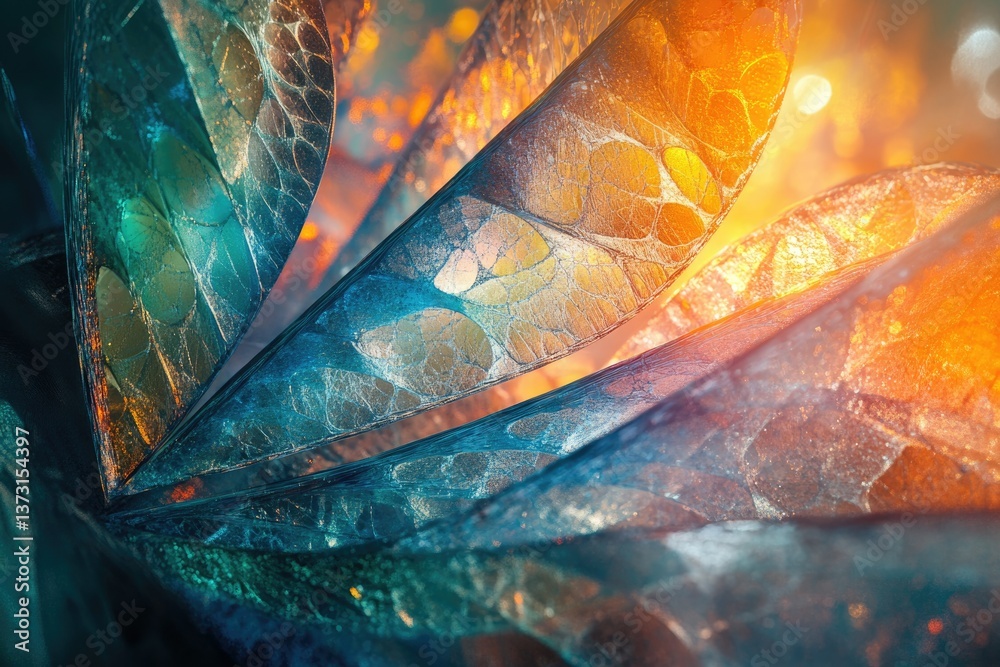 Poster An abstract macro shot showcases shimmering, iridescent structures in shades of blue, orange, and green with intricate cell-like patterns.