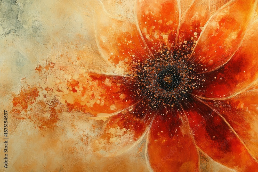 Poster an artistic, abstract depiction of a flower with warm orange tones and textured details, creating vi