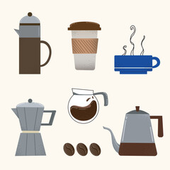 Coffee set with cup, coffee beans and coffee pots. Flat style. Vector illustration isolated on monochrome background. Element for coffee designs.