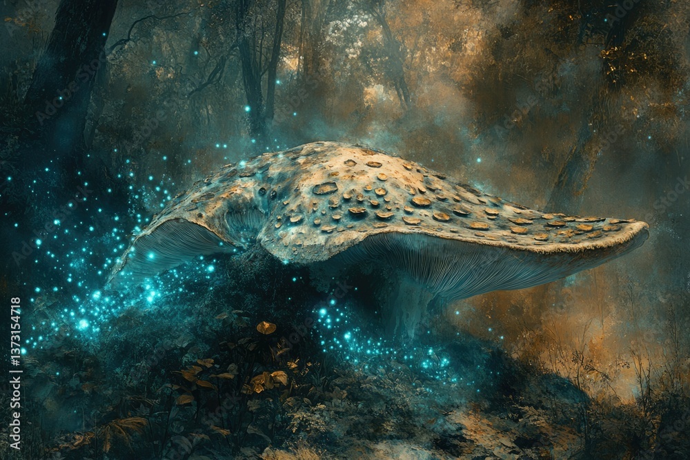 Poster enchanted forest scene with a giant mushroom surrounded by glowing, magical lights creating a mystic