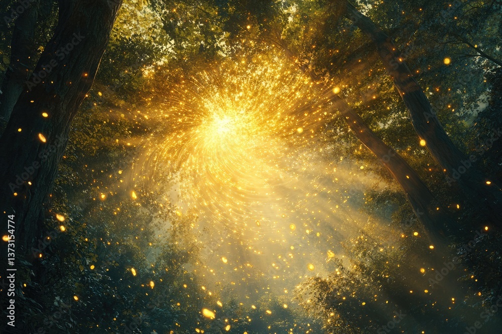 Poster a mystical forest scene illuminated by a central burst of golden light and scattered fireflies.