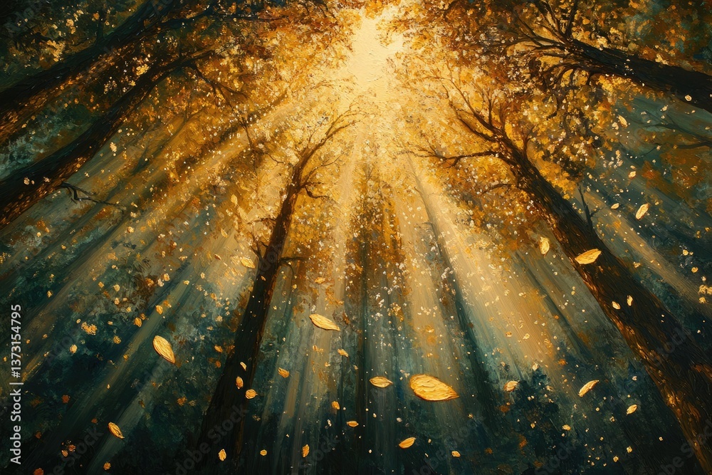 Poster a breathtaking forest scene with sunlight filtering through the canopy as golden leaves gently fall,