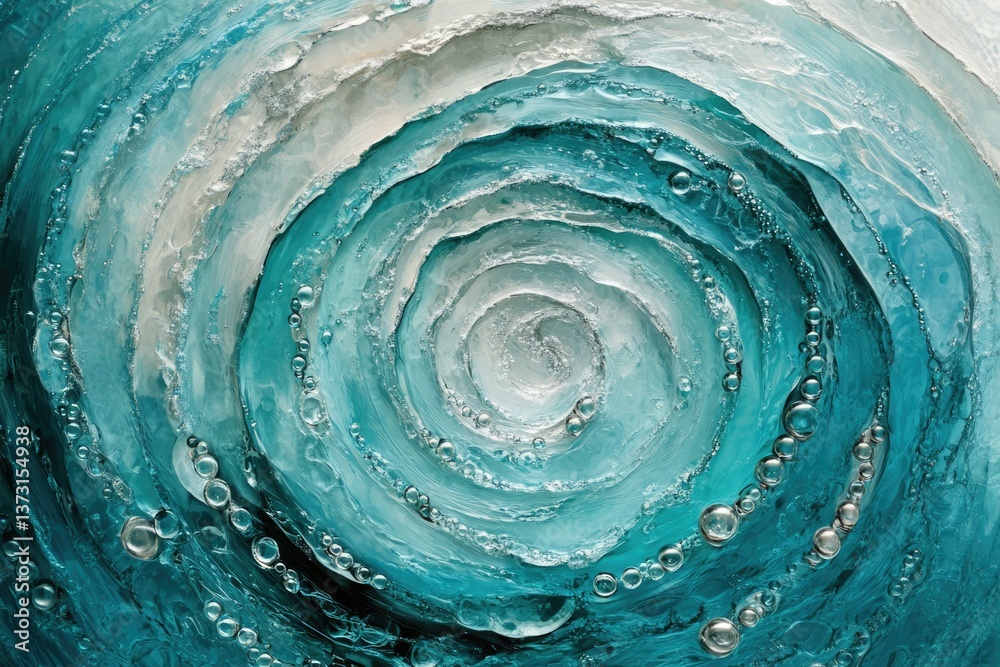 Poster a swirling abstract of turquoise and white hues, resembling a frozen vortex with delicate bubbles.