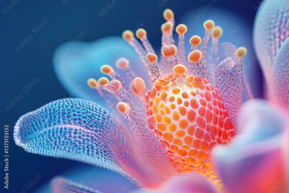 Poster a vibrant macro image of a translucent flower reveals intricate textures and bright orange, blue and