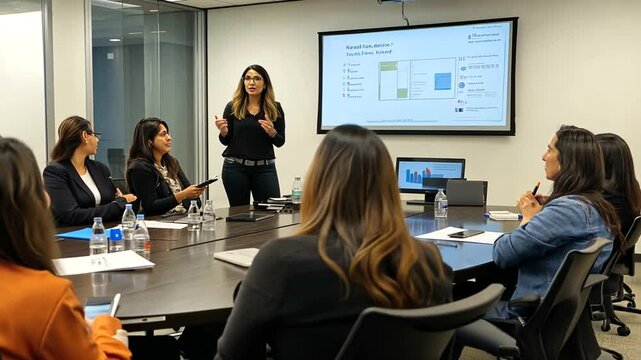 Business meeting in a modern office with a female presenter discussing data analytics to engaged colleagues