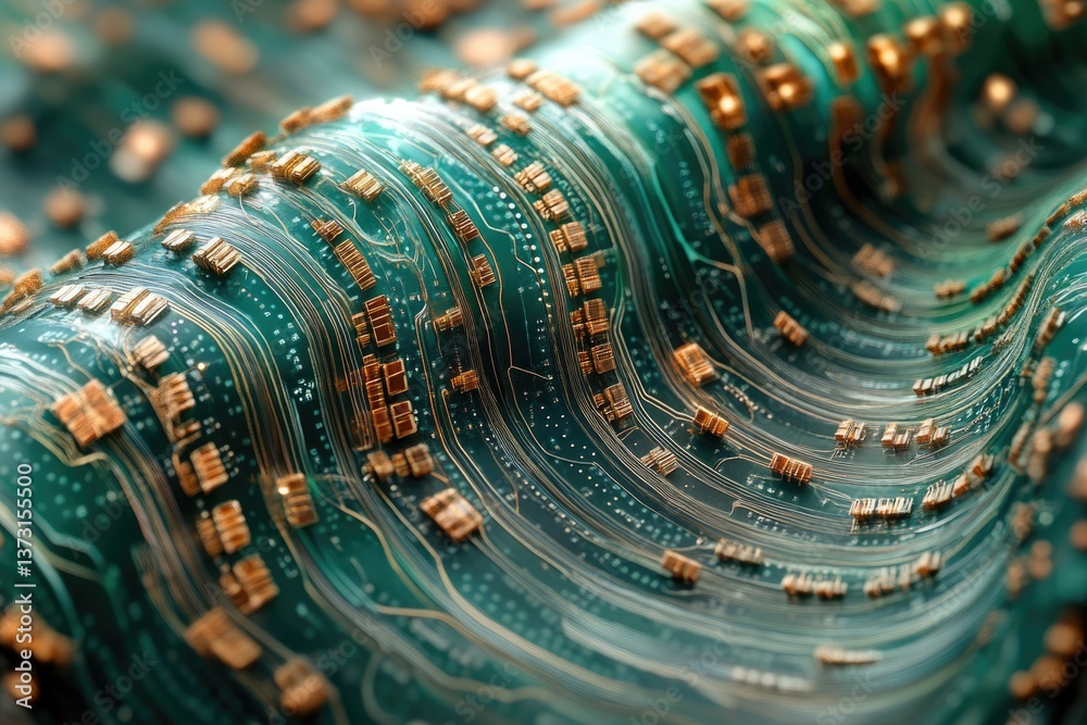 Poster wavy abstract electronic circuit board with golden chips and intricate patterns, conveying technolog