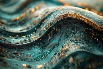 Abstract circuit board design resembling ocean waves, emphasizing technology, connectivity, and flowing data streams.
