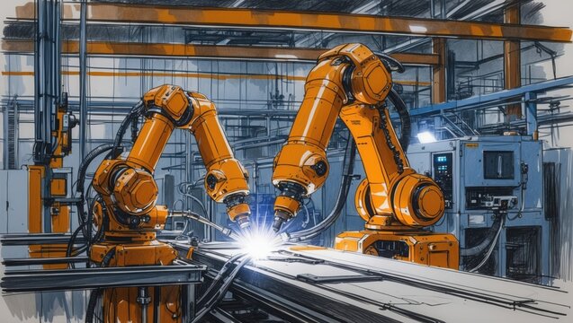 Factory sketch with orange robot arms welding metal. Sparks fly in industrial machinery environment with metal beams and equipment.