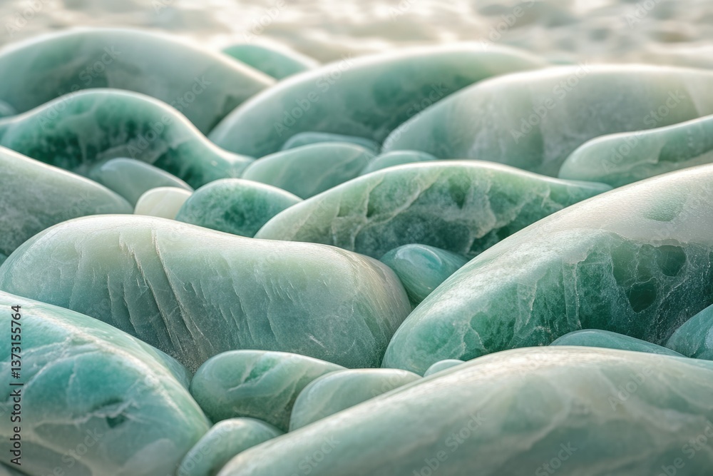 Poster close-up shot showcasing smooth, green-toned stones or pebbles, creating a textured and calming visu