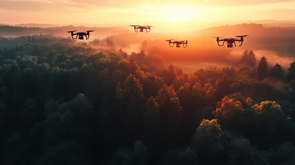 Drone fleet launches at sunrise over lush forest landscape aerial photography nature inspirational viewpoint. Fleeting Luminance. Illustration