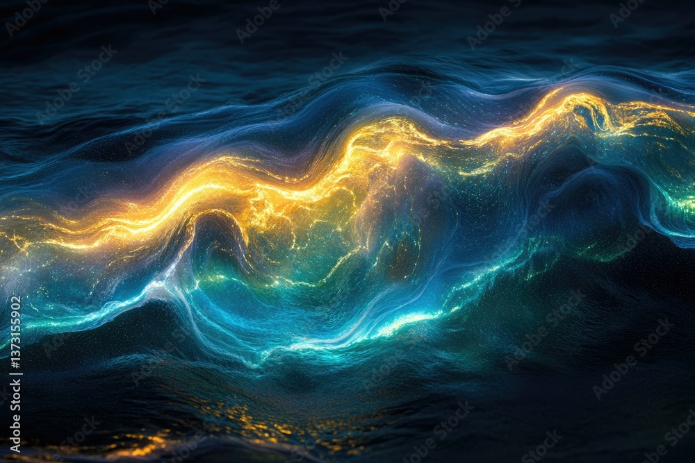 Poster abstract ocean waves, illuminated by a vibrant golden light, create a mesmerizing and ethereal under