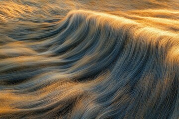 A close-up image of rolling hills covered in a blue and golden, hair-like texture illuminated by warm light.