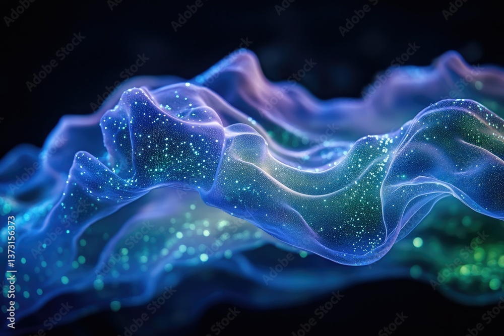 Poster Abstract wave-like forms in blue and purple, adorned with sparkling lights, creating a futuristic and ethereal ambiance.