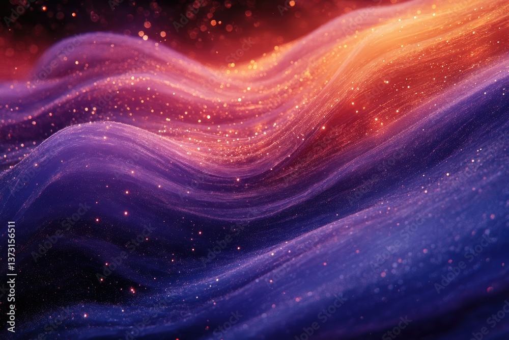 Poster abstract image of flowing, sparkling energy waves with a gradient of purple, orange, and red, resemb