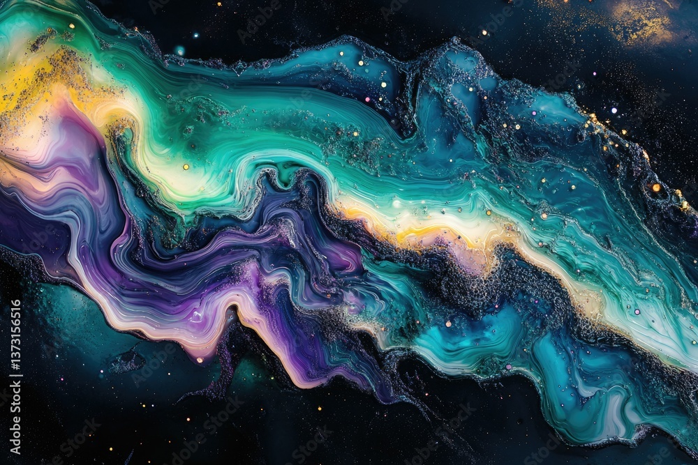 Poster a stunning blend of fluid art resembling a cosmic aurora with vibrant colors and starry sparkles.