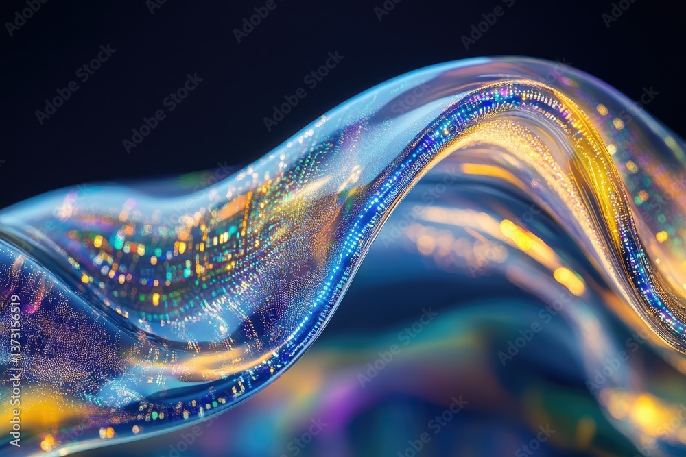 Aufkleber Abstract shimmering wave with flowing light and sparkling particles against dark background, creating a sense of innovation and digital connectivity.