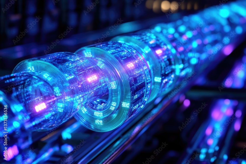Poster a close-up of an optical fiber cable transmitting data with blue and purple light, illustrating high
